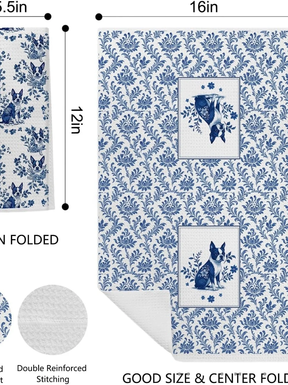 Blue Floral Boston Terrier Pet-Themed Kitchen Towels set of 2